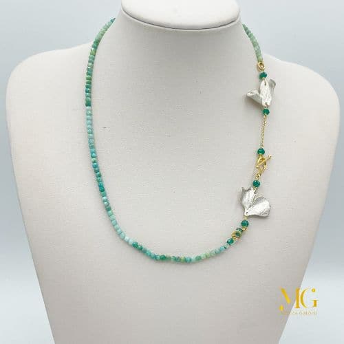 collana collezione gioielli ginkgo bambù pietre verdi e foglie argento laccata dorato fatta a mano Monica Gialdini gioielli artigianali Lugano