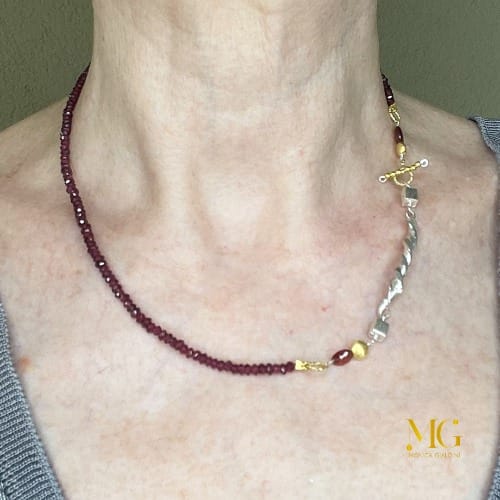 Collana corta granato rosso e argento - immagine 3