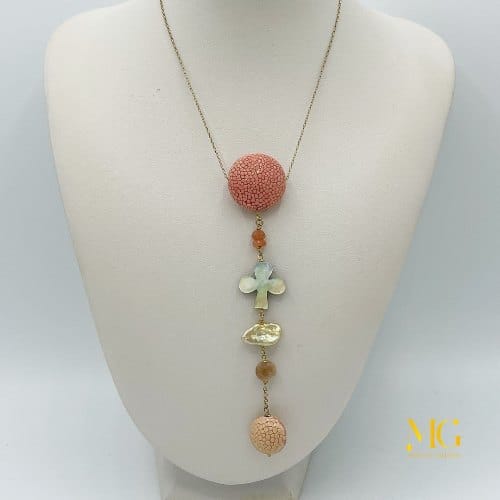 collana argento, pelle galuchat e perla collana argento, pelle galuchat salmone e perla Monica Gialdini gioielli fatti a mano Lugano