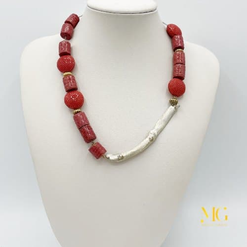 collana collezione gioielli ginkgo bambù con pietre rosse e argento fatta a mano Monica Gialdini gioielli artigianali Lugano