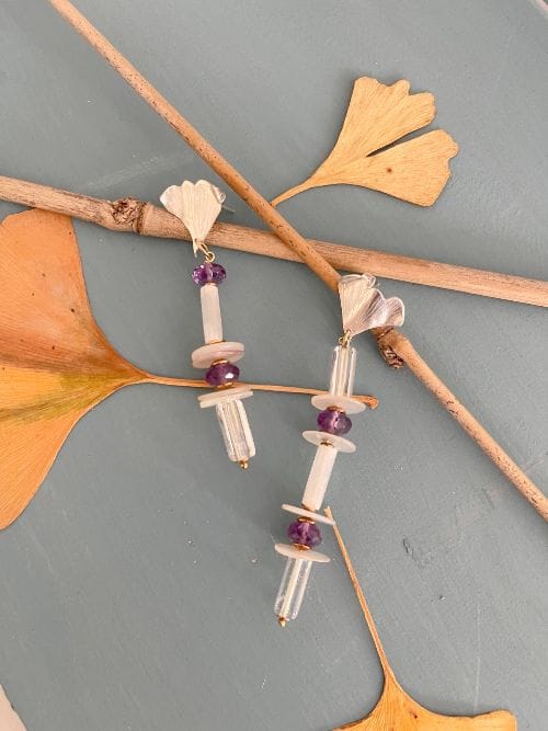 Orecchini Collezione Gingko Bambù canna di bambù e pietre viola fatta a mano Monica Gialdini gioielli artigianali Lugano